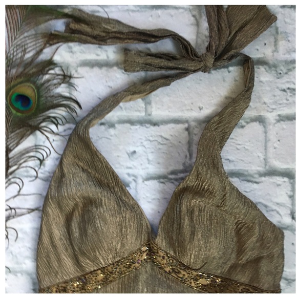 ⭐️Cache 4 Halter Bronze Silk Crinkle Beaded Lined - Picture 5 of 8